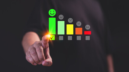 Poster - Customer hand selecting a happy smile face on a satisfaction rating scale, symbolizing positive feedback, customer satisfaction, testimonial, and user experience evaluation.