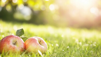 Canvas Print - Bright red apples lie nestled in lush green grass, illuminated by the gentle sunlight of a pleasant afternoon outdoors