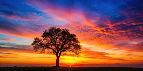 Wall Mural - Silhouette of a tree against a vibrant sunrise in the morning , nature, landscape, dawn, sunlight, shadows, peaceful