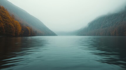 Poster - Serene lake reflects misty mountains and soft ripples, evoking tranquility in the early morning hours of nature's beauty