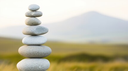 Poster - A carefully arranged stone cairn towers high, while a serene mountain silhouette fills the background during the twilight hours