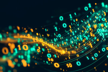 Wall Mural - flowing stream of binary code in green and yellow hues, representing data transfer and technology