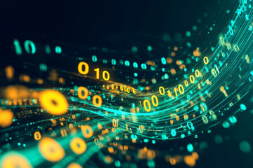 Wall Mural - flowing stream of binary code in green and yellow hues, representing data transfer and technology
