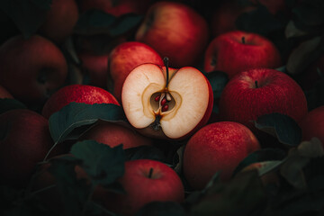 Wall Mural - Close-up of red apples with one apple cut in half, a pile of apples, red apples in the background.