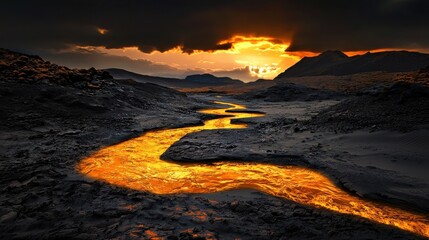 Wall Mural - Breathtaking Sunset Over Rugged Mountain Landscape with Winding River and Reflective Waters