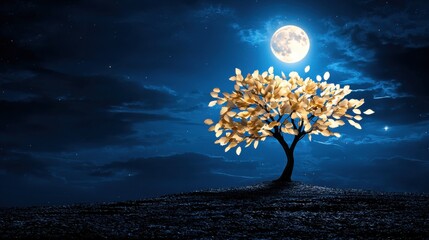 Wall Mural - Glowing Illuminated Tree Under the Enchanting Moonlit Night Sky with Twinkling Stars