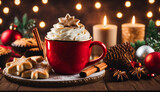 A steaming mug of hot cocoa topped with whipped cream and a sprinkle of cinnamon, accompanied by a plate of Christmas-themed pastries like mince pies and gingerbread stars.