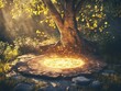 © THINNAKORN - Wiccan ethics in practice, serene setting with glowing representations of the Rule of Three, harmonizing wisdom and modernity