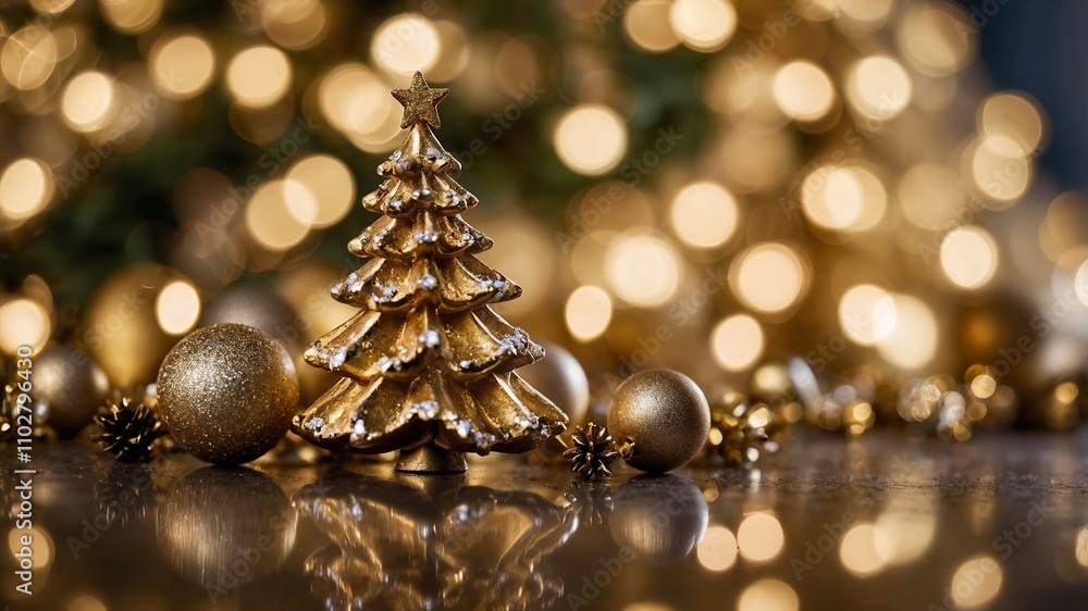 Elegant gold Christmas tree with baubles, bokeh lights, and festive ...