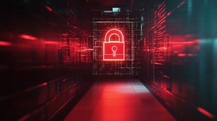 Wall Mural - cybersecurity: digital fortress, red neon lock in a server room