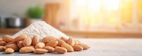 Wall Mural - Almonds and almond flour on a wooden surface with natural light background.