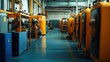 © SETSU NART - Industrial Compressor Room with Yellow Equipment and Machinery in a Modern Factory Setting, Showcasing a Neat and Organized Production Environment
