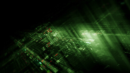 Fototapete - Futuristic network simulation blending AI, quantum physics, and deep learning, with a particle matrix analyzing data in a sleek, HUD-style interface