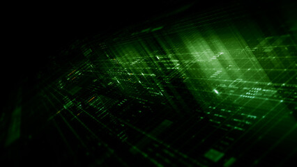 Fototapete - Futuristic network simulation blending AI, quantum physics, and deep learning, with a particle matrix analyzing data in a sleek, HUD-style interface