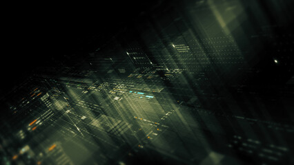 Aufkleber - Futuristic network simulation blending AI, quantum physics, and deep learning, with a particle matrix analyzing data in a sleek, HUD-style interface