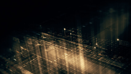 Fototapete - Futuristic network simulation blending AI, quantum physics, and deep learning, with a particle matrix analyzing data in a sleek, HUD-style interface
