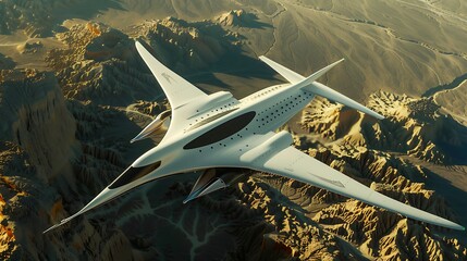 Wall Mural - White futuristic aircraft soars over a vast, desolate desert landscape, showcasing advanced technology and design.