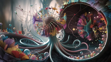 Wall Mural - A 3D render of a highly complex, abstract, and surreal otherworldly scene. The scene is a quantum cross section of a human bird of paradise flower circulatory system. 