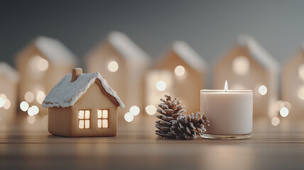 Gingerbread house with candle and pinecone in cozy holiday setting