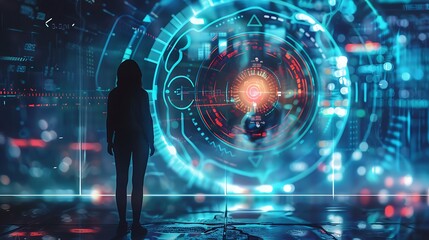 Wall Mural - silhouette of a hacker facing a futuristic digital interface. cyberpunk style.