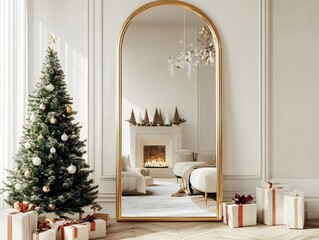 Canvas Print - A full-body, long mirror with a gold arch frame stands in the living room. A Christmas tree and gifts are on the floor, creating a cozy interior design