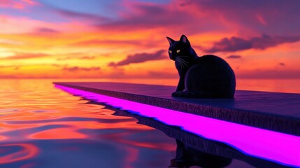 Poster - Solitary Black Cat Silhouette on Illuminated Dock at Dramatic Sunset Over Serene Reflective Waters