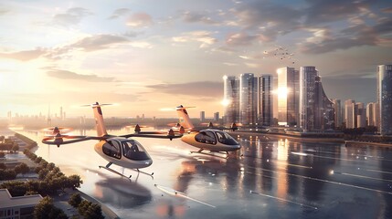 Wall Mural - Futuristic flying vehicles soar over a serene cityscape at sunset.  The image depicts a vision of innovative urban transportation.