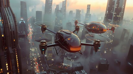 Wall Mural - Flying drones over a futuristic city at sunset a vision of advanced transportation.