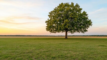 Poster - Lone tree against a beautiful sunset sky on an open field.