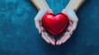 © desgin - hands hold a red heart on a blue background. ai generative
