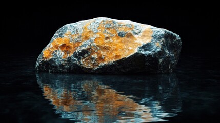 Wall Mural - A reflective rock with orange and gray hues resting on a dark surface.