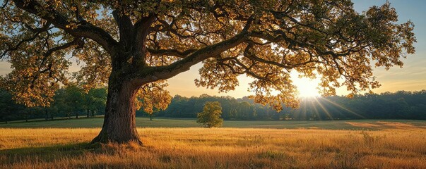 Poster - Majestic tree at sunset in a golden field, showcasing nature's beauty and tranquility.