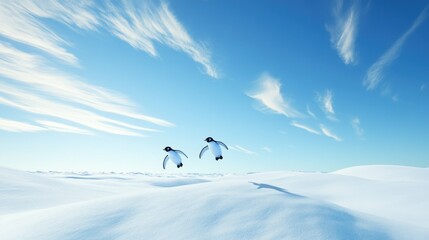 Sticker - A pair of penguin chicks gliding on fresh snow under an endless clear blue sky