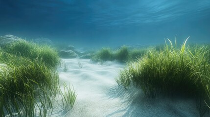 Poster - A peaceful underwater landscape with seagrass beds covering the sandy ocean floor, symbolizing their role in carbon capture