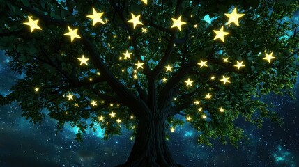 Wall Mural - Magical Glowing Tree Under Starry Nighttime Sky in Enchanted Woodland Landscape