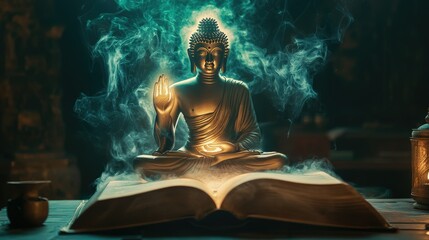 Sticker - A serene Buddha image glowing softly, hovering above a mystical, opened book with smoke trails