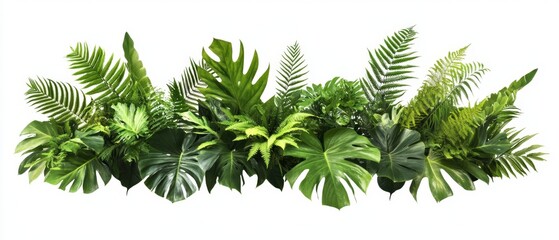 Wall Mural - Green leaves of tropical plants bush (Monstera, palm, fern, rubber plant, pine, birds nest fern) floral arrangement indoors garden nature backdrop isolated on white background