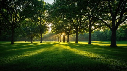 Poster - Sunlight streaming through trees in a serene green park setting.