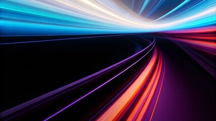 Fototapete - Abstract neon digital lines in dark space, glowing multicolored energy motion on a black background. Cyberspace with fast light trails. Glowing colored curve lines on a black background