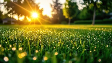 Poster - Sunrise shining over dew-covered grass in a serene park setting.