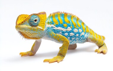 Wall Mural - Yellow blue lizard Panther chameleon isolated on white background