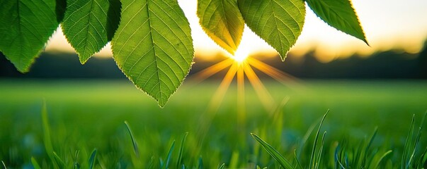 Poster - Sunrise through leaves, green grass, nature's beauty, tranquility and freshness.