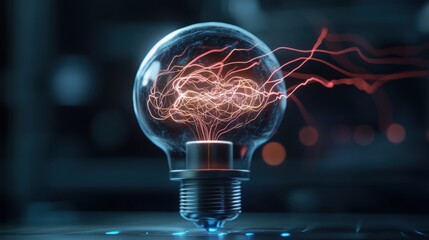 Poster - A Creative Concept of an Illuminated Light Bulb with Electric Pulses and Abstract Energy Waves Representing Innovative Ideas and Inspiration in Technology