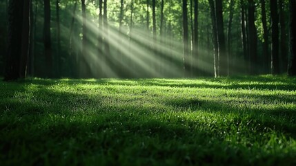 Poster - Sunlight filtering through trees in a lush green forest.