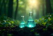 © PTD - serene scene featuring two glass flasks filled with blue liquid, surrounded by rich soil and young green plants, illuminated by soft sunlight filtering through trees