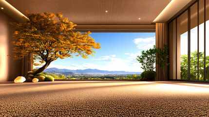 Fototapete - A serene interior space with large windows showcasing a vibrant outdoor landscape featuring a tree and mountains under a clear sky