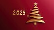 © P.G - Elegant Wooden Christmas Tree Design with Golden Star and Snowflakes Perfect for Celebrating the Festive Spirit of 2025 on a Red Background
