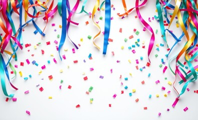 Colorful streamers and confetti on white background birthday or party decoration top view flat lay birthday backdrop Ultra realistic Photorealistic 