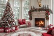 © JIALU - Christmas tree with red and white decorations, presents under the tree, elegant fireplace with festive garlands, red pillows, and gold deer decoration in cozy holiday room.