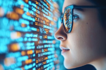 A coders face in profile illuminated by reflections of bright blue and orange text from a computer screen